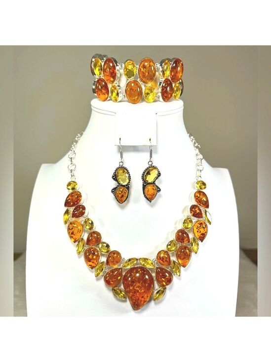 Jewelry - Amber & Citrine 925 Large synthetic stones Necklace Bracelet & ONE Earring ONLY